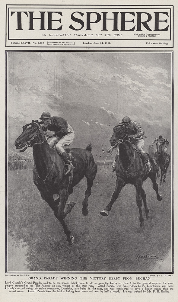 Grand Parade wins the Derby in 1919 (original cover page The Sphere 1919) (Print) art by 1919 (Matania original prints) at The Illustration Art Gallery