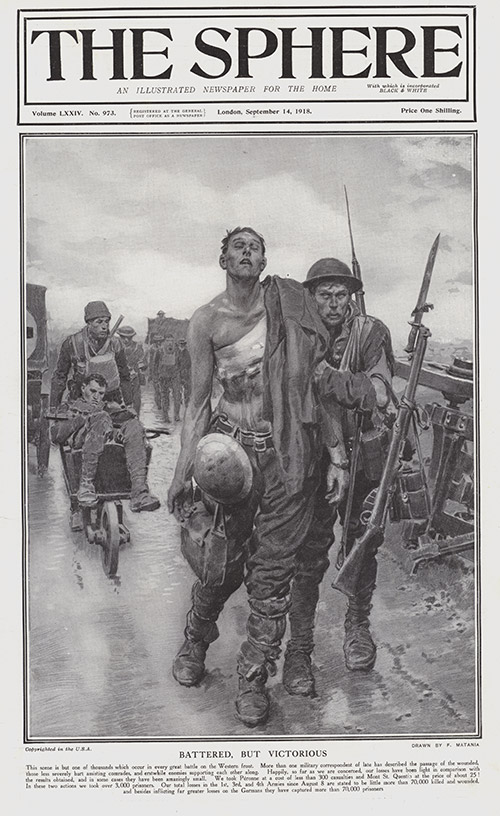 Battered But Victorious on the Western Front  (original cover page The Sphere 1918) (Print) by 1918 (Matania original prints) at The Illustration Art Gallery