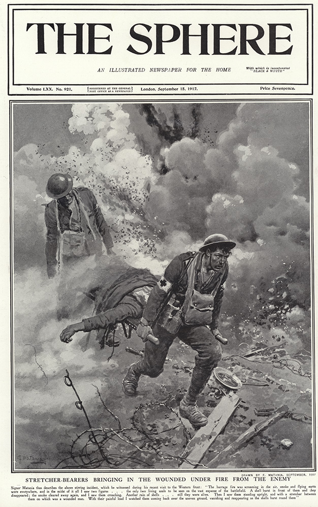 Stretcher Bearers at the Front 1917 (original cover page The Sphere 1917) (Print) art by 1917 (Matania original prints) at The Illustration Art Gallery