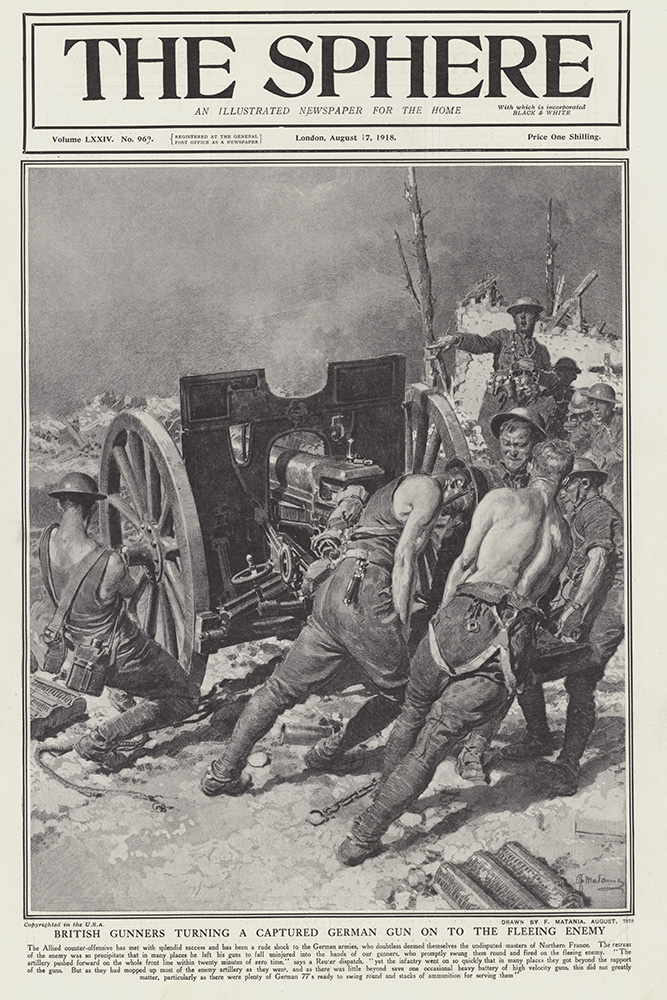 British Gunners Turn Captured German Gun on the Enemy 1918 (original cover page) (Print) art by 1918 (Matania original prints) at The Illustration Art Gallery