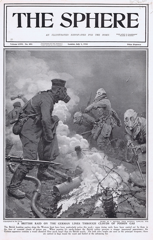 A British Raid on German Lines under cover of Poison Gas  (original cover page 1916) (Print) art by 1916 (Matania original prints) at The Illustration Art Gallery