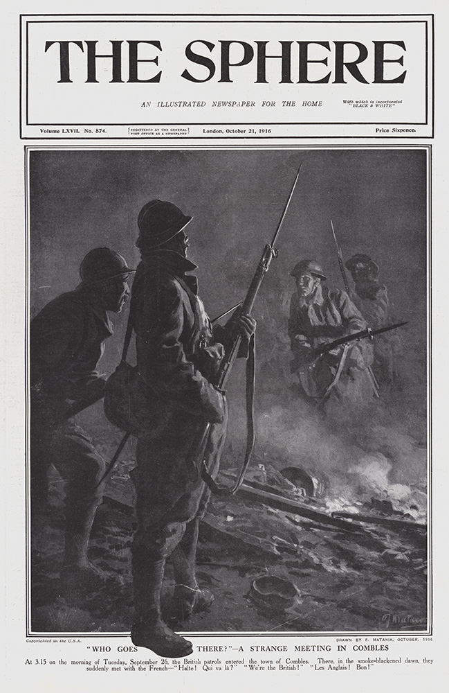 Who Goes There? At Combles 1916  (original cover page The Sphere 1916) (Print) art by 1916 (Matania original prints) at The Illustration Art Gallery