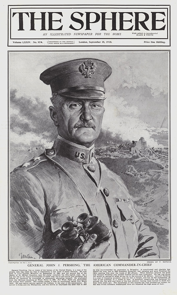 General John J Pershing  (original cover page The Sphere 1918) (Print) art by 1918 (Matania original prints) at The Illustration Art Gallery