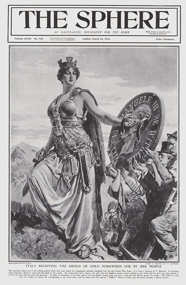 Italy Receiving the Shield of Gold subscribed for by her people 1918 (original cover page) (Print) art by 1918 (Matania original prints) at The Illustration Art Gallery