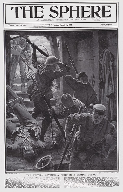 The Western Front a Fight in a German Dugout 1916  (original cover page The Sphere 1916) (Print) by 1916 (Matania original prints) at The Illustration Art Gallery