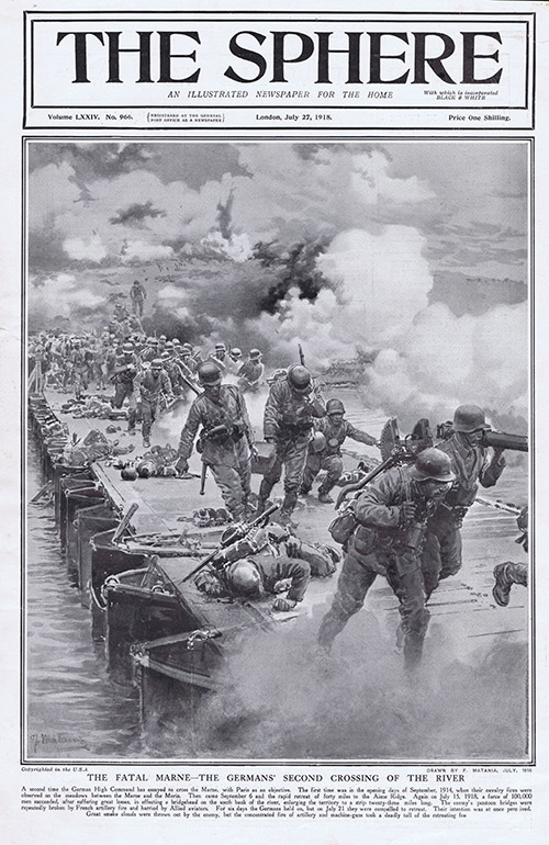 The Fatal Marne the Germans Second Crossing  (original cover page The Sphere 1918) (Print) by 1918 (Matania original prints) at The Illustration Art Gallery