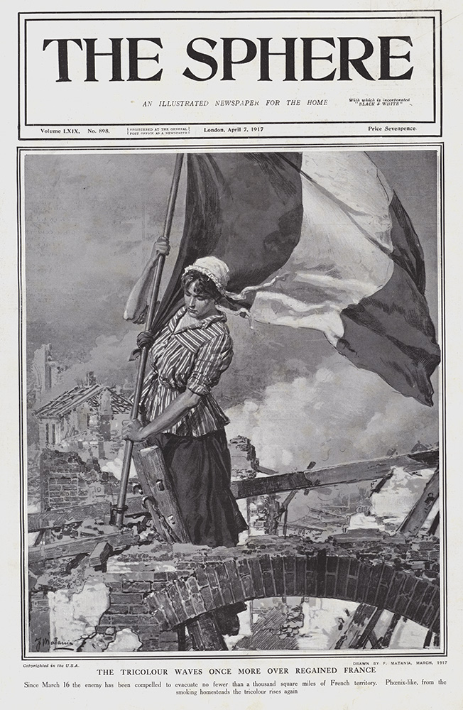 The Tricolour Waves above French Soil 1917  (original cover page The Sphere 1917) (Print) art by 1917 (Matania original prints) at The Illustration Art Gallery