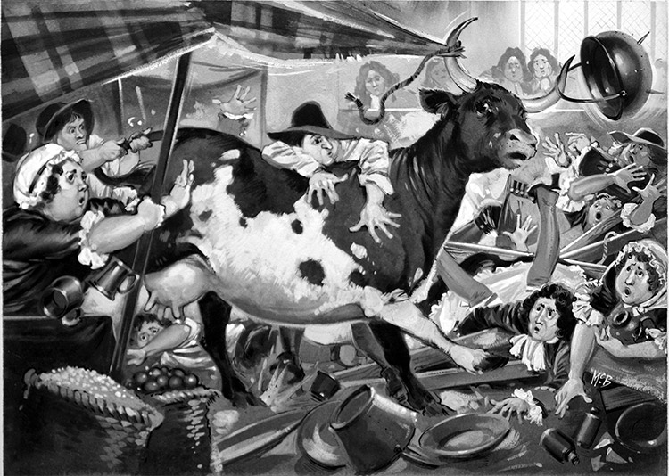 Cow Causes Commotion (Original) (Signed) by British History (Angus McBride) at The Illustration Art Gallery