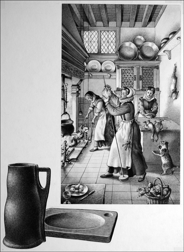 A Sixteenth Century Kitchen at Work (Original) by British History (Pat Nicolle) at The Illustration Art Gallery