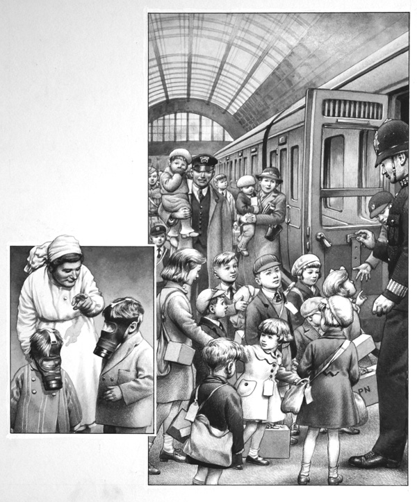Evacuation of London Children (Original) (Signed) by British History (Pat Nicolle) at The Illustration Art Gallery