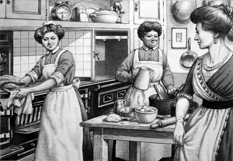 An Edwardian Kitchen (Original) by British History (Pat Nicolle) at The Illustration Art Gallery
