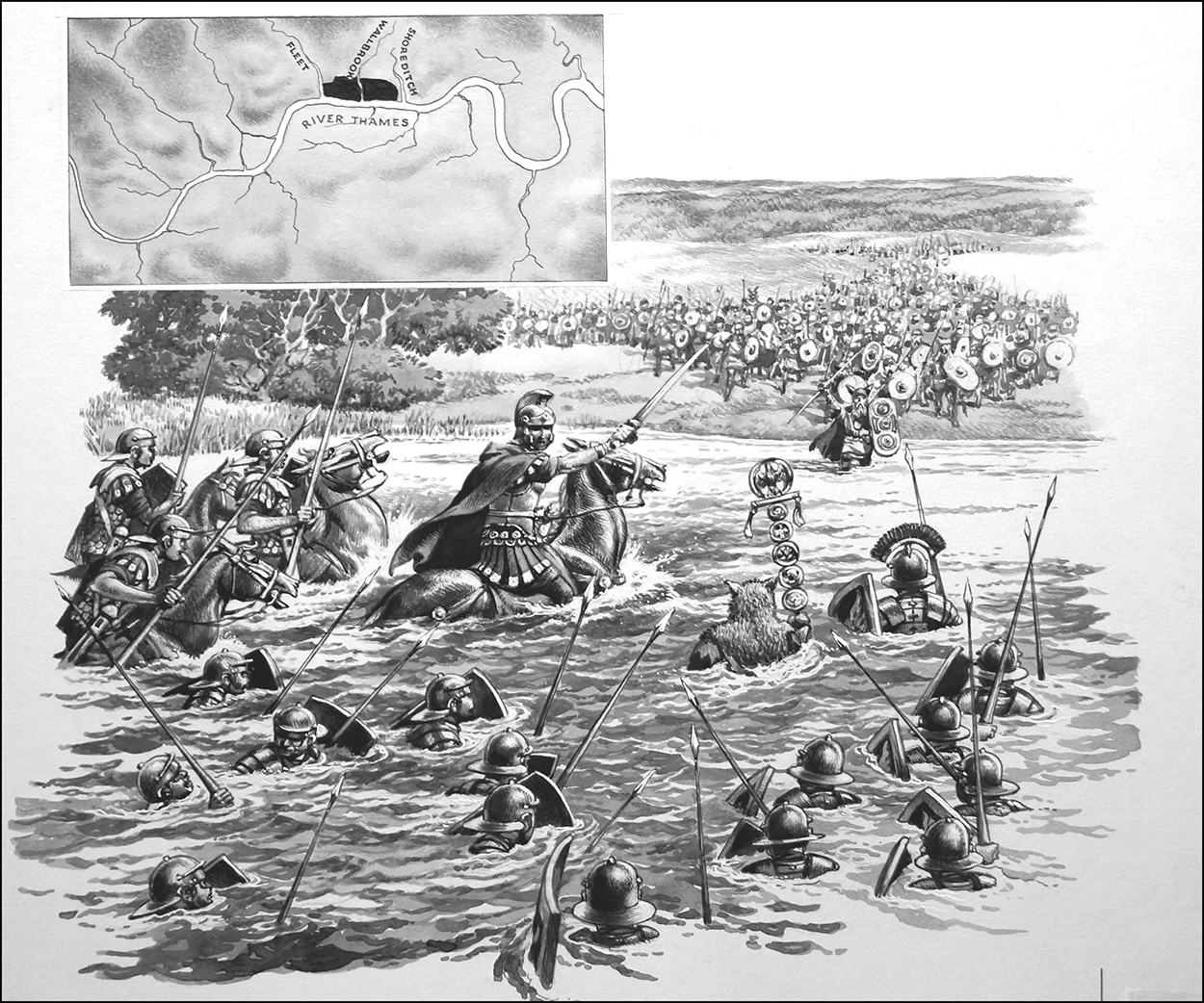 Roman Troops Ford the River Thames (Original) art by British History (Pat Nicolle) at The Illustration Art Gallery
