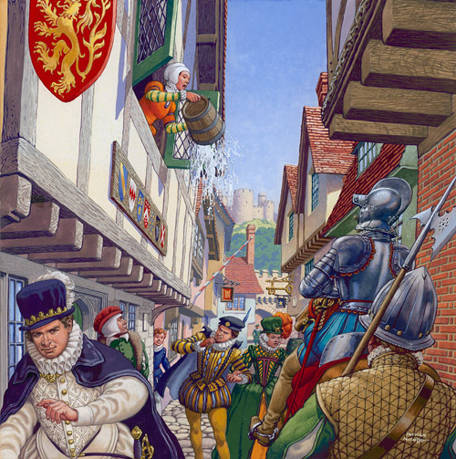 An Elizabethan Street Scene (Original) (Signed) by British History (Pat Nicolle) at The Illustration Art Gallery