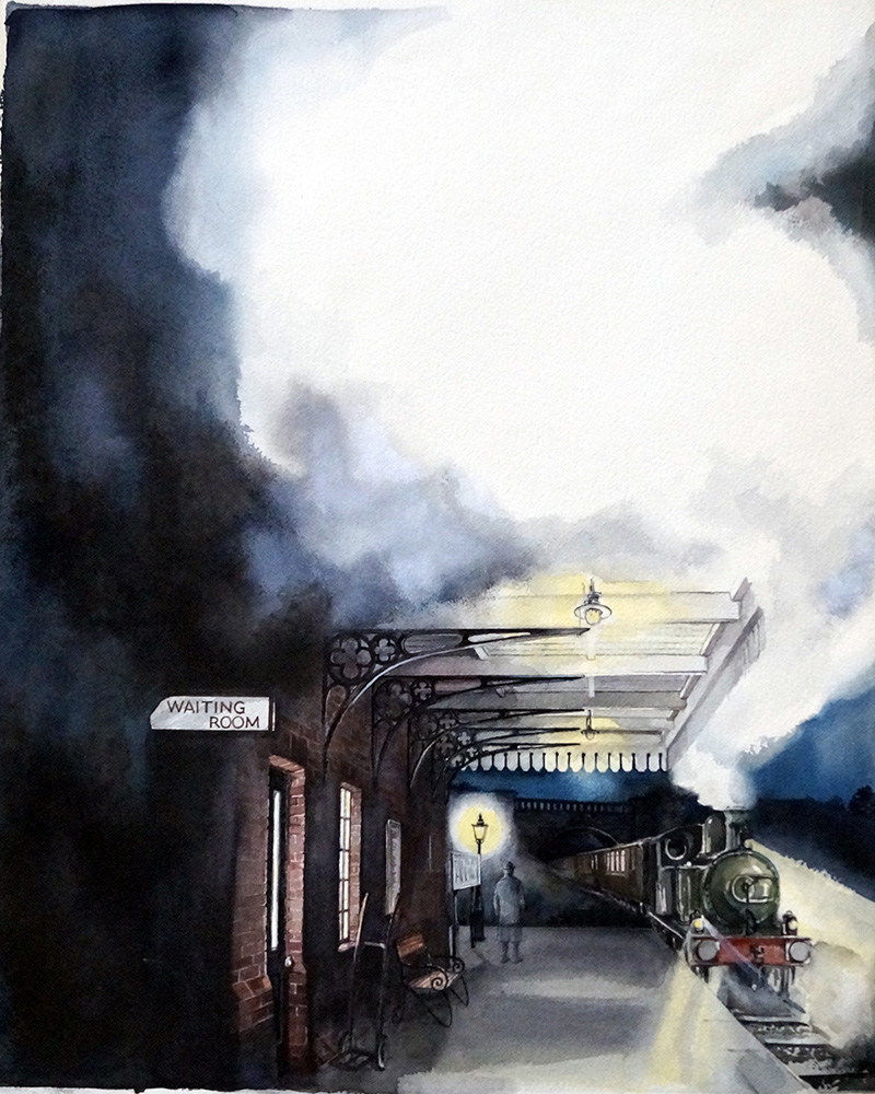 The Ghost Now Standing on Platform One book cover art (Original) art by Kim Palmer Art at The Illustration Art Gallery