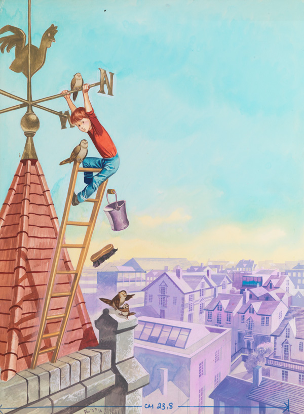 Child Climbing on Wind Vane over City (Original) by More Children's Stories (Ron Embleton) at The Illustration Art Gallery