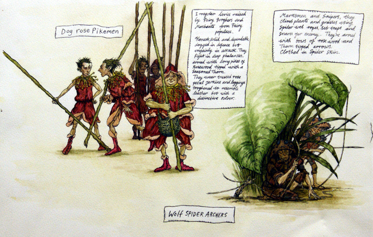 Fairy Wars: Dog Rose Pikemen and Wolf Spider Archers (Original) art by Chris Riddell at The Illustration Art Gallery