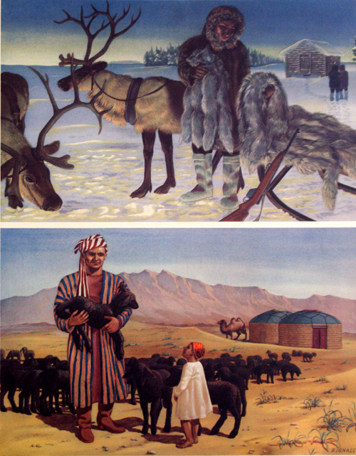 A Fur Hunter and a Shepherd, Soviet Union (Original Macmillan Poster) (Print) by John Rignall at The Illustration Art Gallery