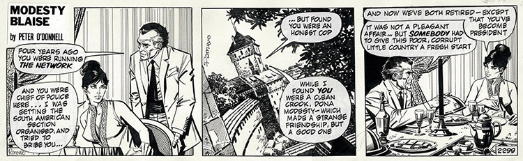 Modesty Blaise strip 2299 - The Green Eyed Monster: A Clean Crook (Original) (Signed) by Modesty Blaise (Romero) Art at The Illustration Art Gallery