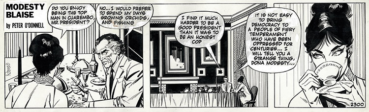 Modesty Blaise strip 2300 - The Green Eyed Monster: A Good President (Original) (Signed) by Modesty Blaise (Romero) Art at The Illustration Art Gallery