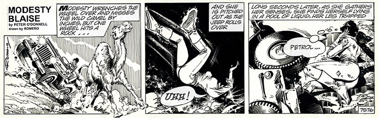Modesty Blaise daily strip 7576 - Covered in Petrol (Original) (Signed) by Modesty Blaise (Romero) Art at The Illustration Art Gallery