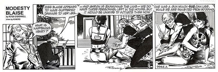 Modesty Blaise daily strip #9944a - Plague Bombs as Shields (Original) (Signed) by Modesty Blaise (Romero) Art at The Illustration Art Gallery
