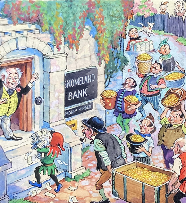Norman Gnome at the Gnomeland Bank (Original) by Geoff Squire Art at The Illustration Art Gallery