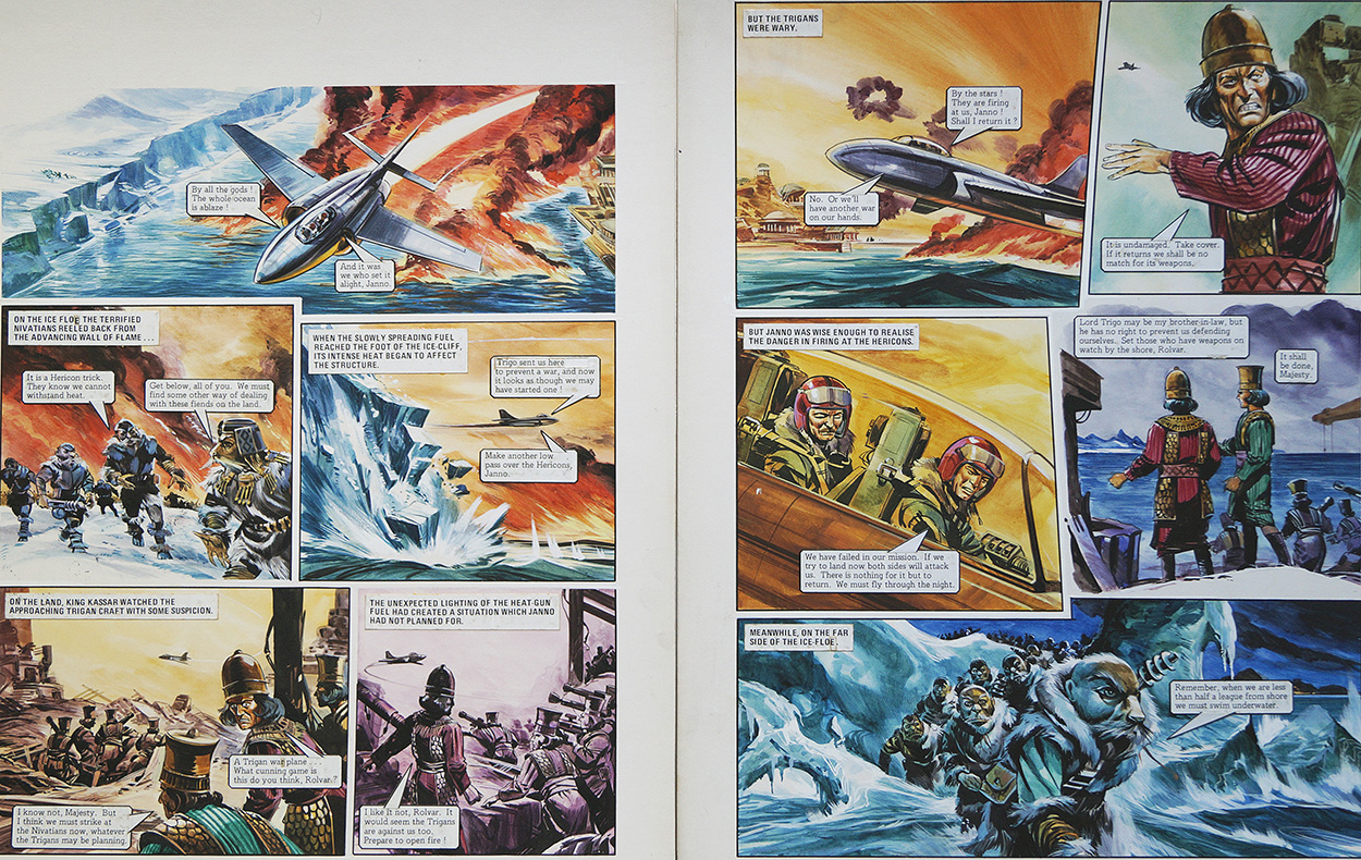 Burning Oceans from 'The Hericon/Nivatian Conflict' (TWO pages) (Originals) art by The Trigan Empire (Gerry Wood) at The Illustration Art Gallery