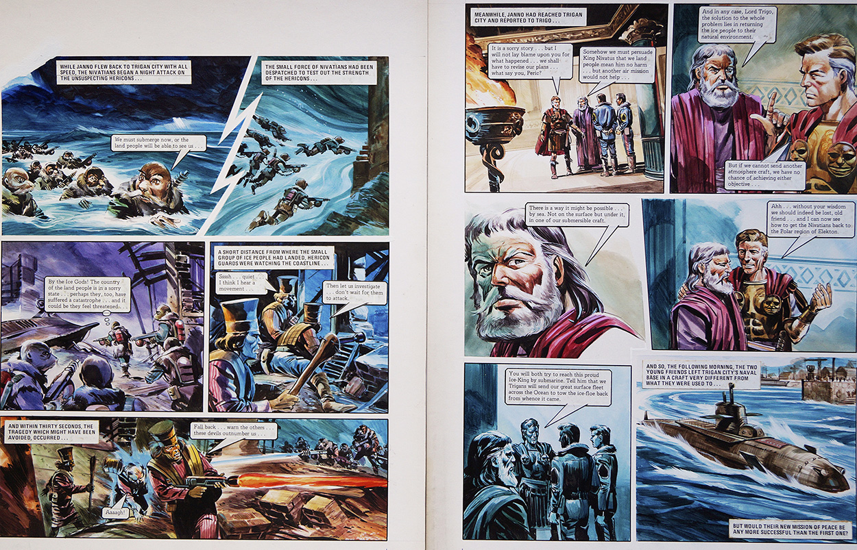Night Attack from 'The Hericon/Nivatian Conflict' (TWO pages) (Originals) art by The Trigan Empire (Gerry Wood) at The Illustration Art Gallery