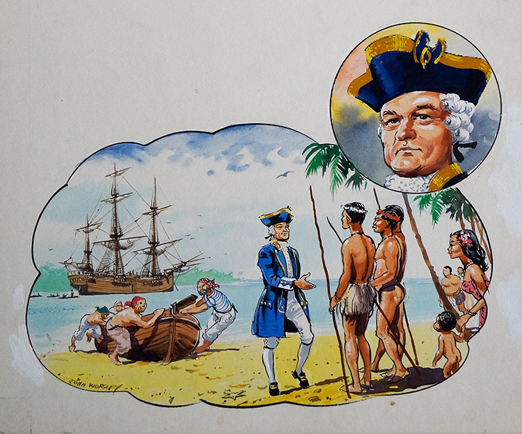 Captain Cook and HMS Endeavour (Original) (Signed) by Wee Willie Winkie (Worsley) at The Illustration Art Gallery